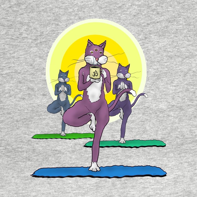 Yoga Cats and Coffee - Tree Pose - Third Eye Open - Funny Cartoon by davidscohen